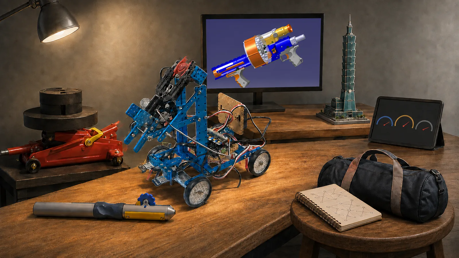 L'atelier de Clément Balcon : établi, robot, poste de CAO, cric hydraulique, maquette de tour, tablette et carnet — chaque objet ouvre un projet
